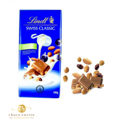 TABLETTE LINDT SWISS CLASSIC  LAIT, RAISINS, NOISETTES 100 G 